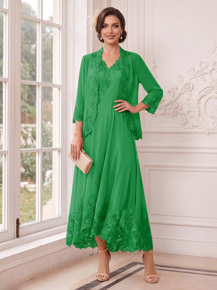 A-Line/Princess V-Neck 3/4 Sleeves Ankle-Length Mother of the Bride Dresses with Jacket &amp; Applique