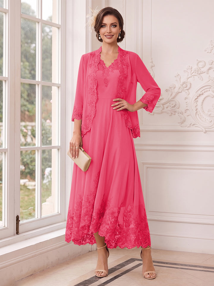 A-Line/Princess V-Neck 3/4 Sleeves Ankle-Length Mother of the Bride Dresses with Jacket &amp; Applique