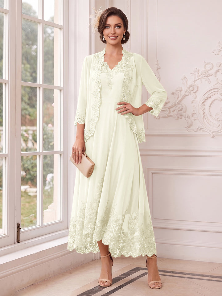 A-Line/Princess V-Neck 3/4 Sleeves Ankle-Length Mother of the Bride Dresses with Jacket &amp; Applique