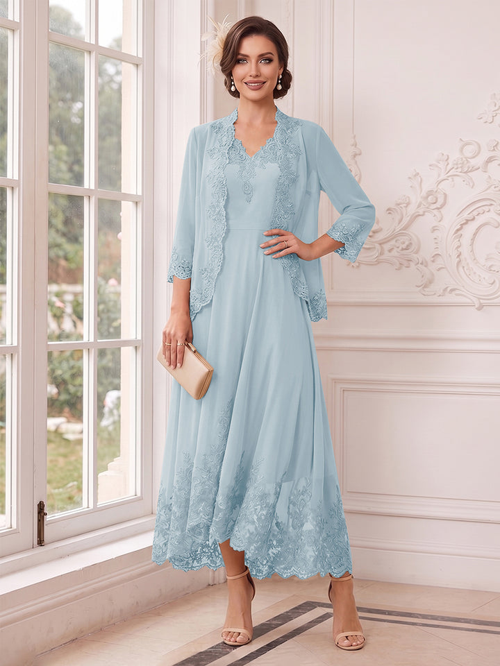 A-Line/Princess V-Neck 3/4 Sleeves Ankle-Length Mother of the Bride Dresses with Jacket &amp; Applique