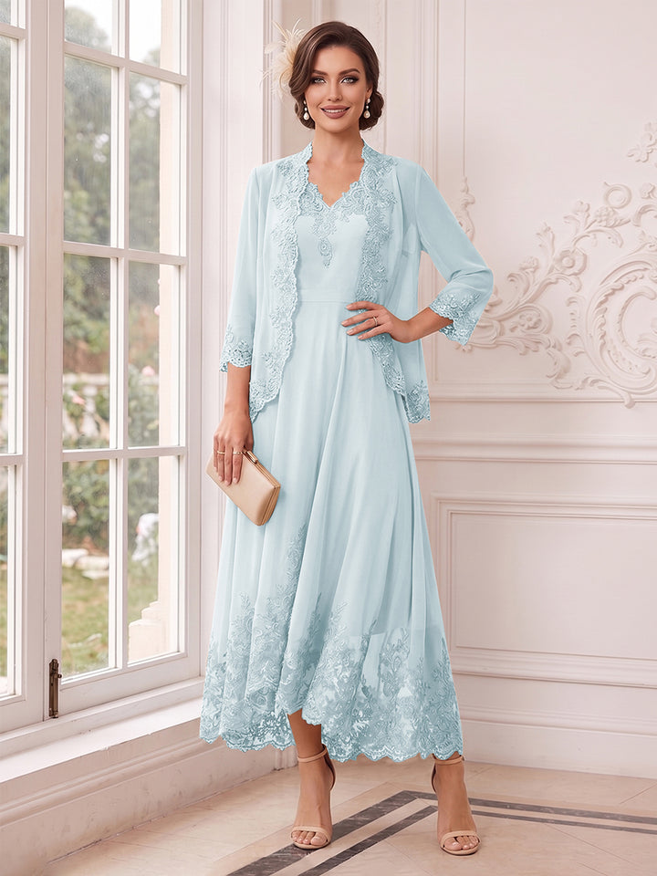 A-Line/Princess V-Neck 3/4 Sleeves Ankle-Length Mother of the Bride Dresses with Jacket &amp; Applique