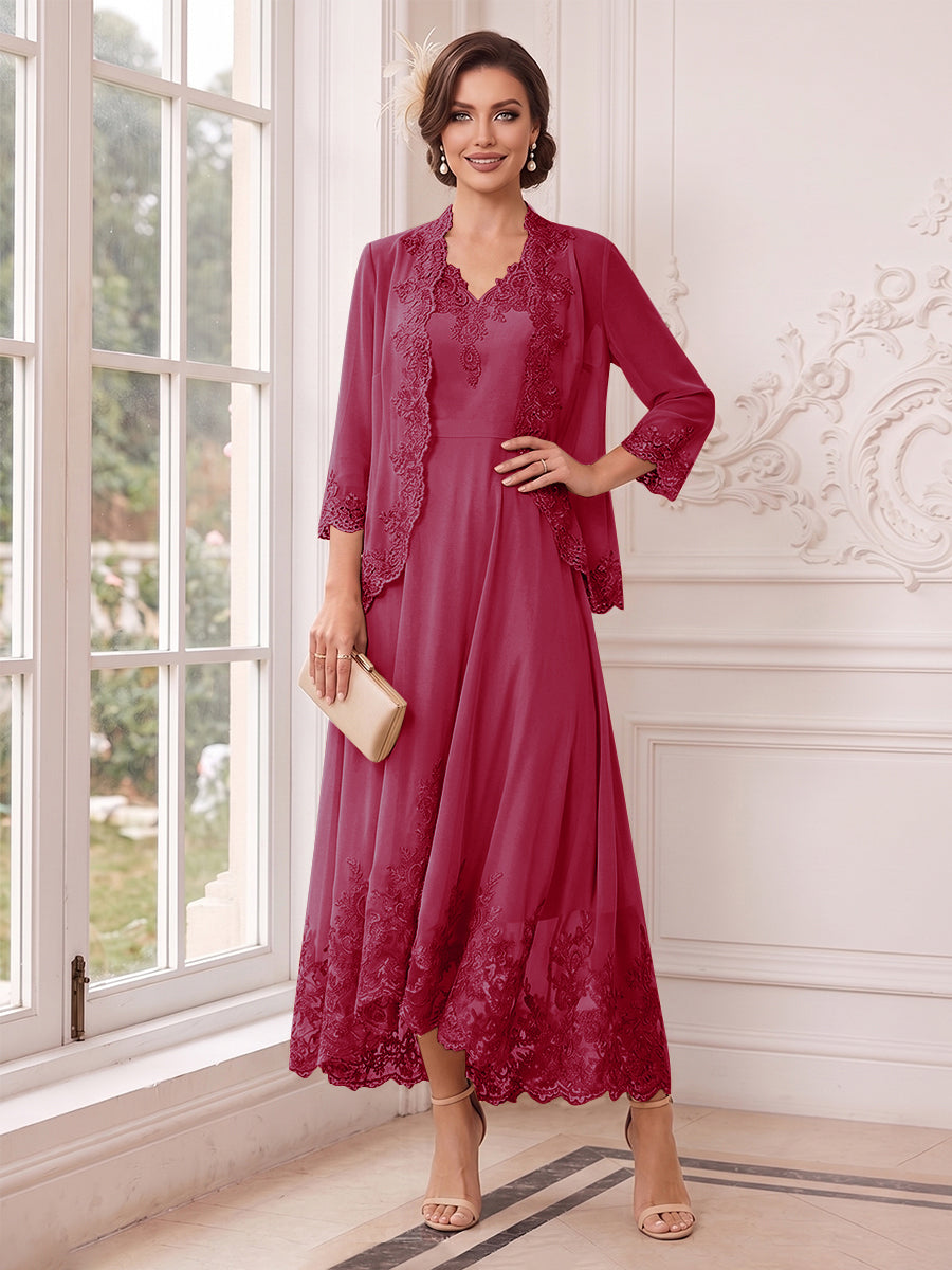 A-Line/Princess V-Neck 3/4 Sleeves Ankle-Length Mother of the Bride Dresses with Jacket &amp; Applique