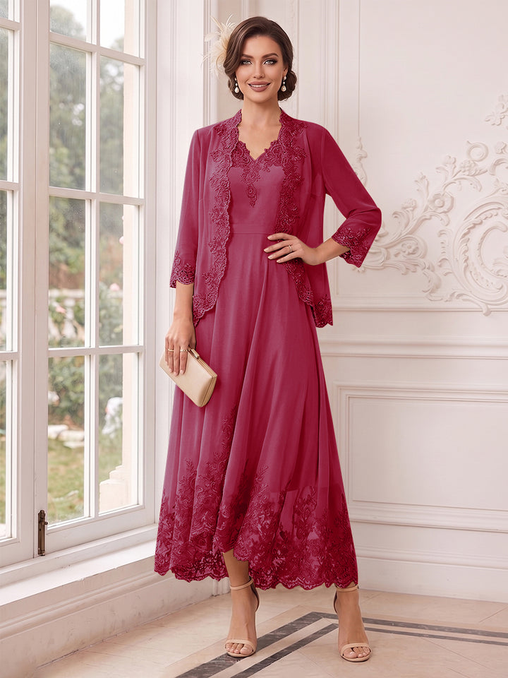 A-Line/Princess V-Neck 3/4 Sleeves Ankle-Length Mother of the Bride Dresses with Jacket &amp; Applique