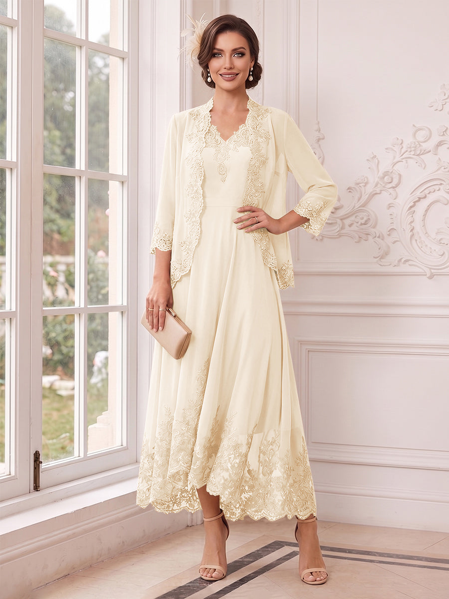 A-Line/Princess V-Neck 3/4 Sleeves Ankle-Length Mother of the Bride Dresses with Jacket &amp; Applique