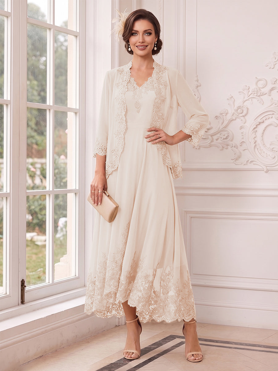 A-Line/Princess V-Neck 3/4 Sleeves Ankle-Length Mother of the Bride Dresses with Jacket &amp; Applique