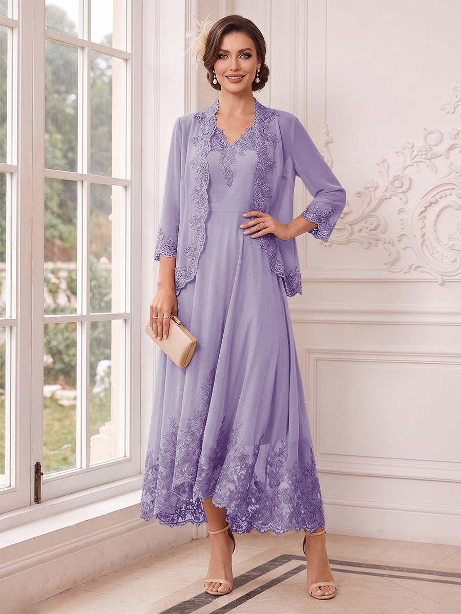 A-Line/Princess V-Neck 3/4 Sleeves Ankle-Length Mother of the Bride Dresses with Jacket &amp; Applique