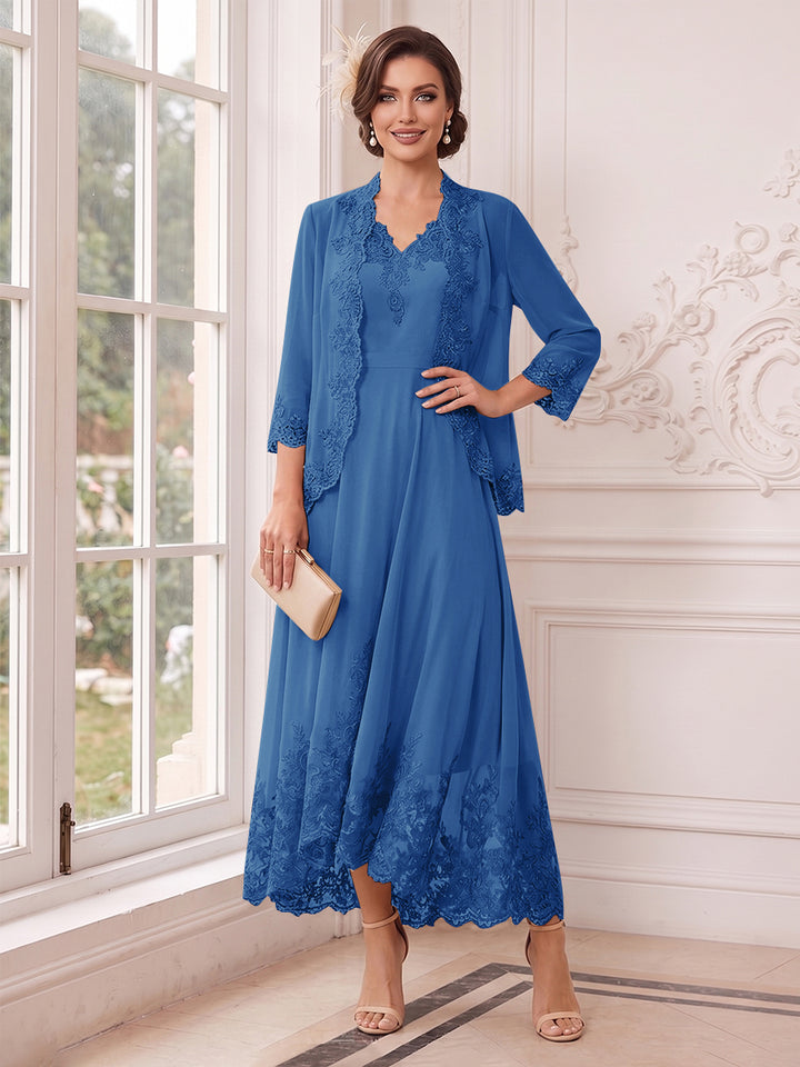 A-Line/Princess V-Neck 3/4 Sleeves Ankle-Length Mother of the Bride Dresses with Jacket &amp; Applique