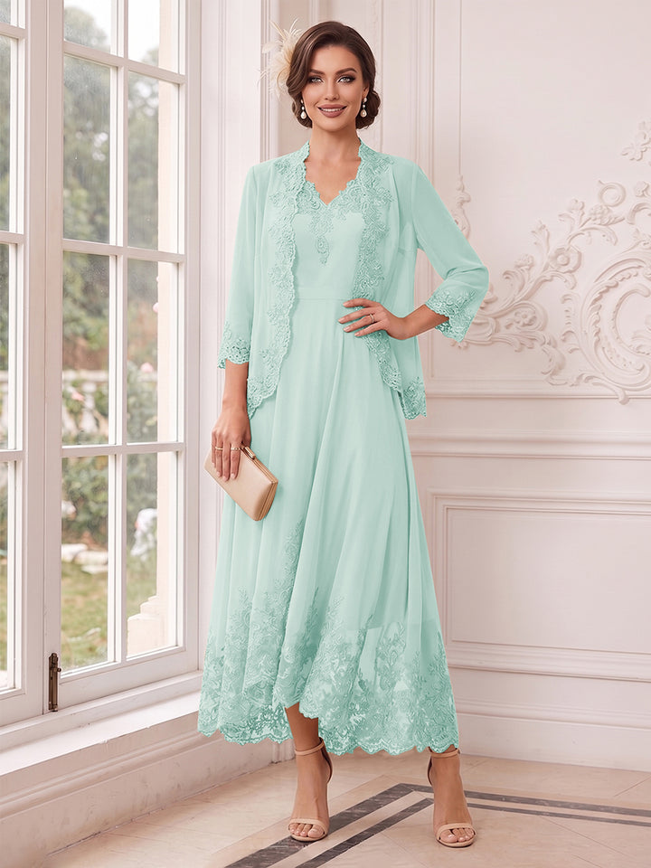 A-Line/Princess V-Neck 3/4 Sleeves Ankle-Length Mother of the Bride Dresses with Jacket &amp; Applique