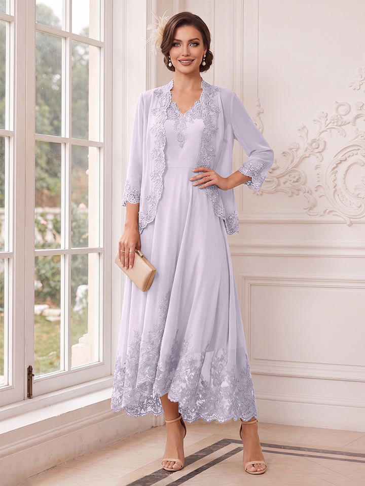 A-Line/Princess V-Neck 3/4 Sleeves Ankle-Length Mother of the Bride Dresses with Jacket &amp; Applique