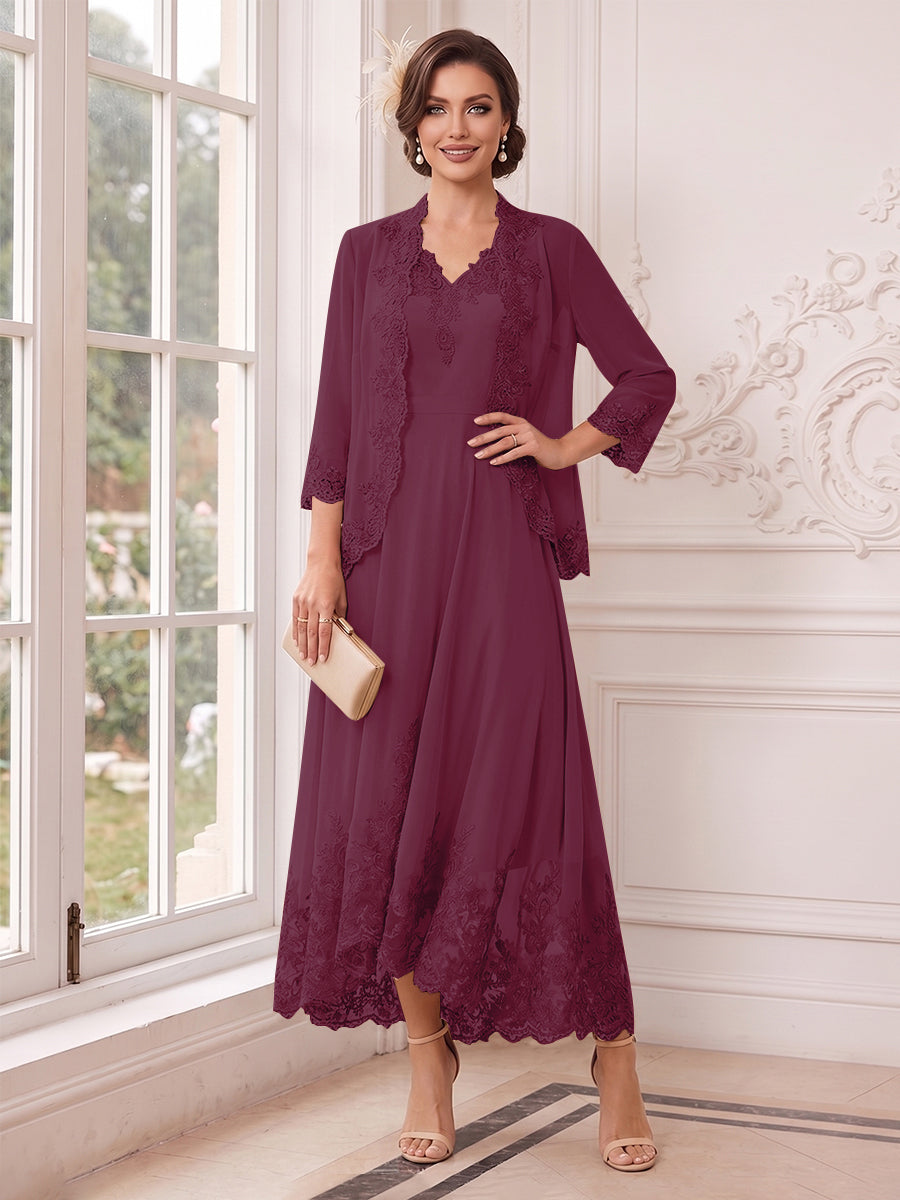 A-Line/Princess V-Neck 3/4 Sleeves Ankle-Length Mother of the Bride Dresses with Jacket &amp; Applique