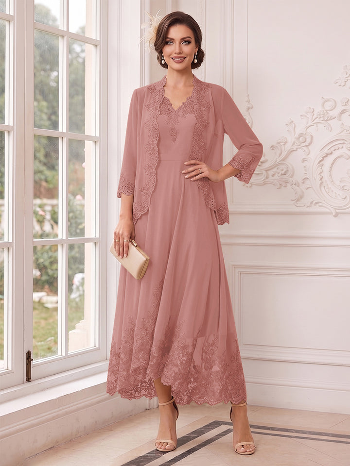 A-Line/Princess V-Neck 3/4 Sleeves Ankle-Length Mother of the Bride Dresses with Jacket &amp; Applique