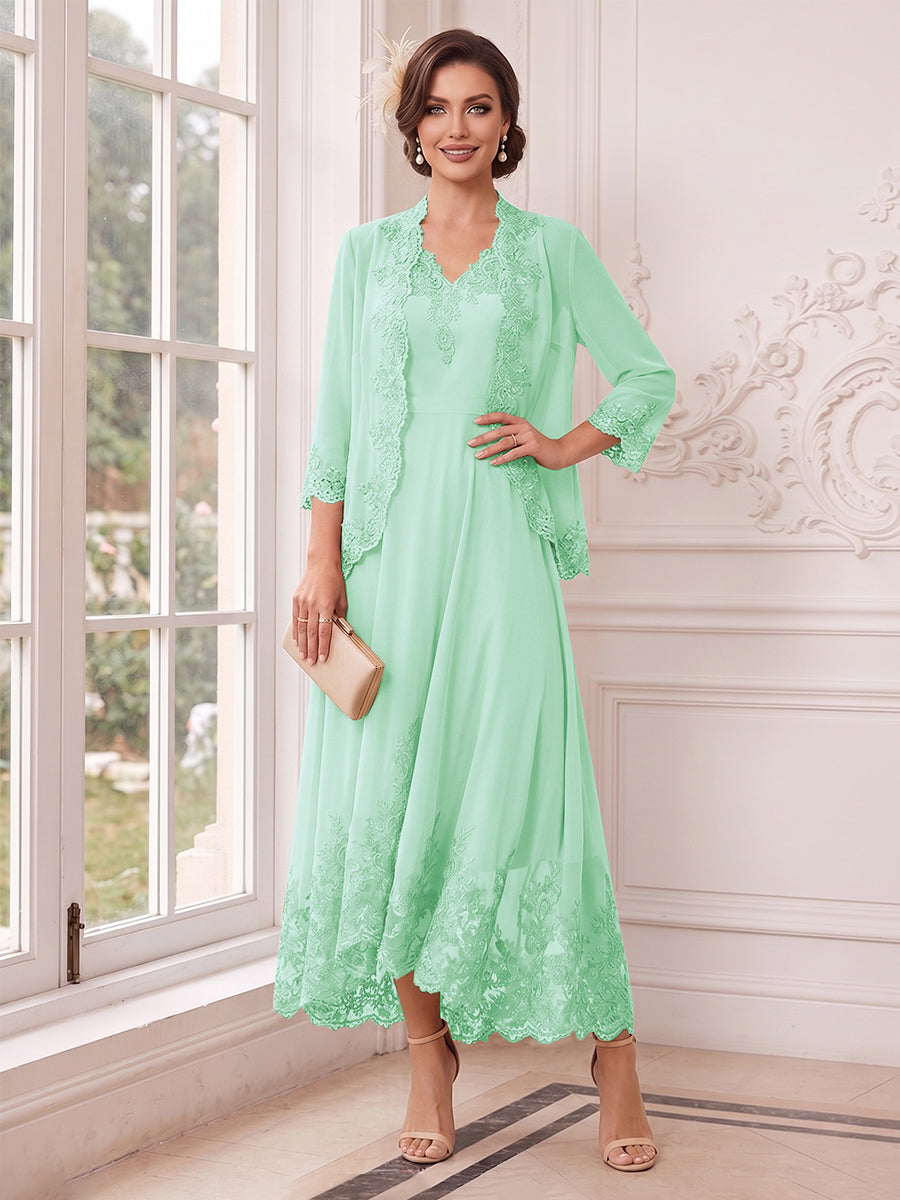 A-Line/Princess V-Neck 3/4 Sleeves Ankle-Length Mother of the Bride Dresses with Jacket &amp; Applique