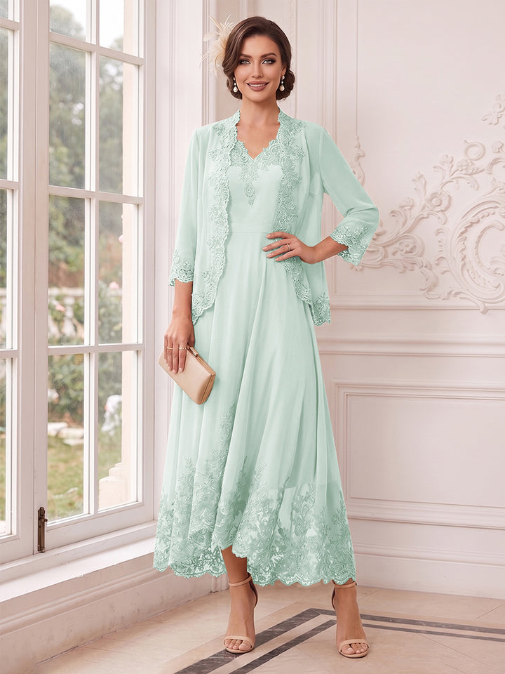 A-Line/Princess V-Neck 3/4 Sleeves Ankle-Length Mother of the Bride Dresses with Jacket &amp; Applique