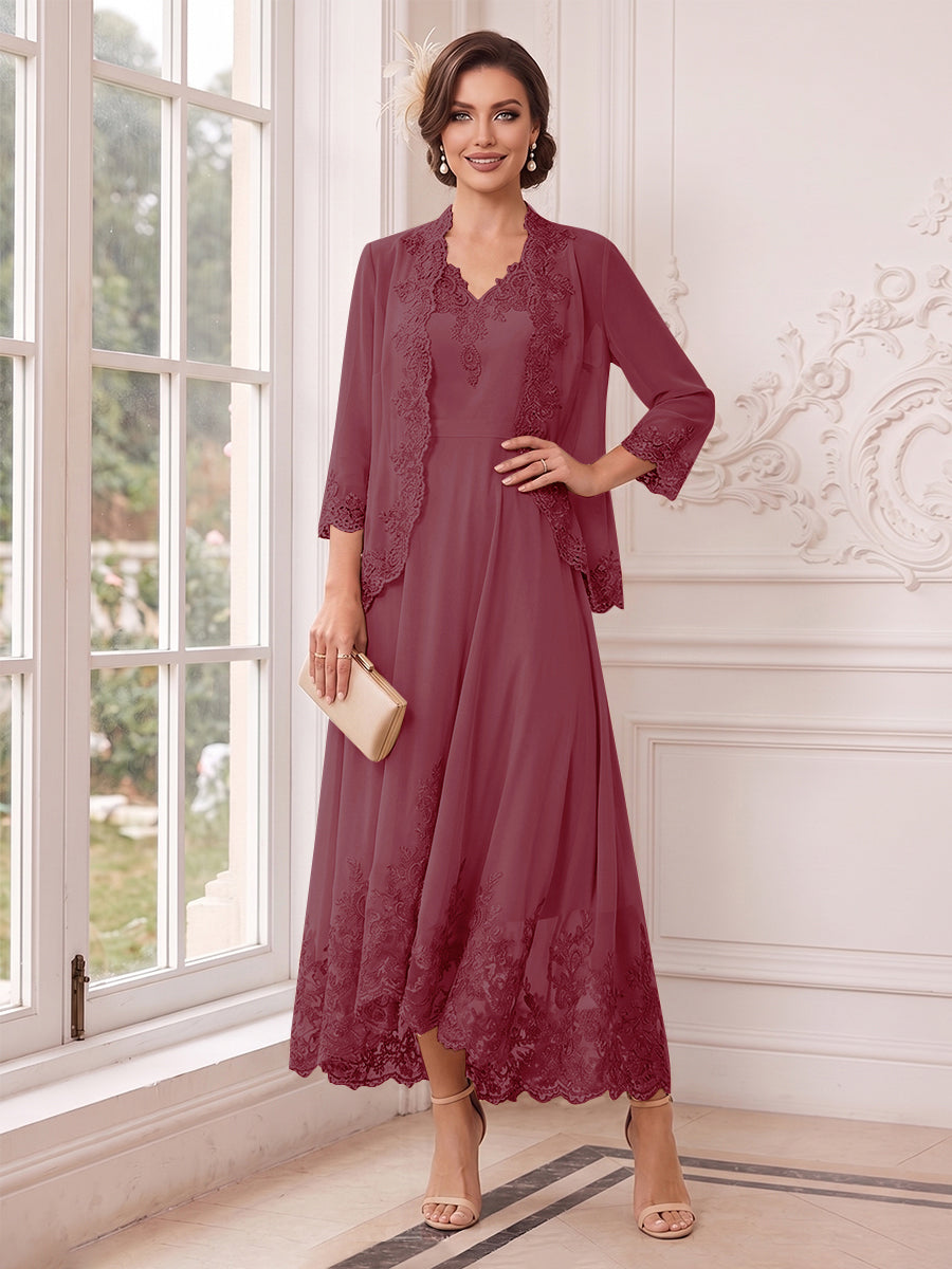 A-Line/Princess V-Neck 3/4 Sleeves Ankle-Length Mother of the Bride Dresses with Jacket & Applique