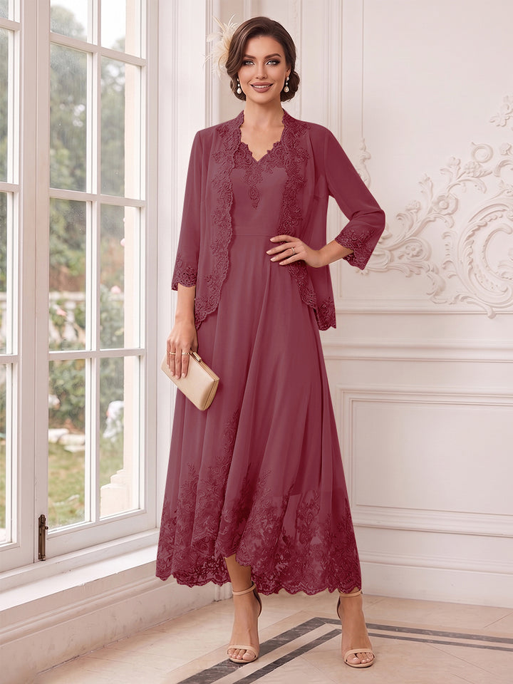 A-Line/Princess V-Neck 3/4 Sleeves Ankle-Length Mother of the Bride Dresses with Jacket &amp; Applique