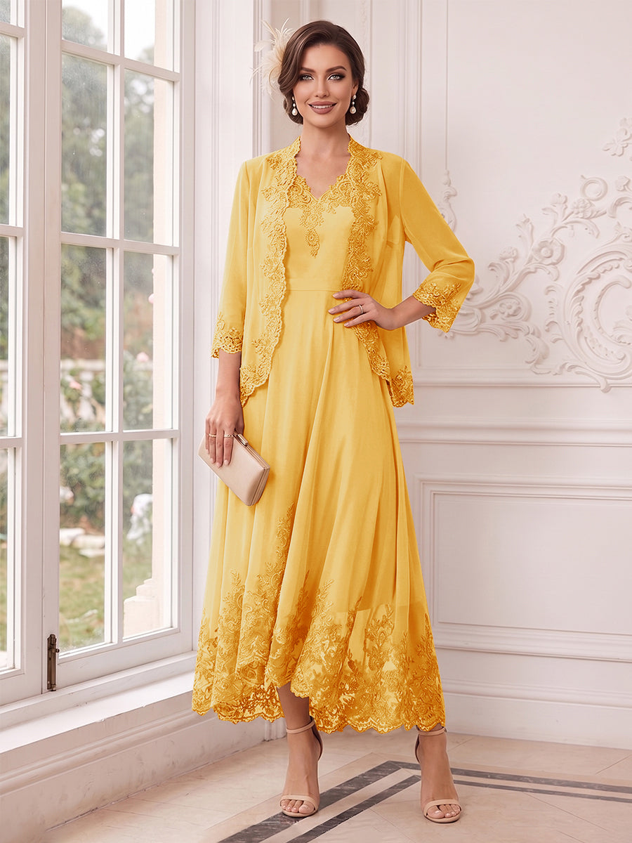 A-Line/Princess V-Neck 3/4 Sleeves Ankle-Length Mother of the Bride Dresses with Jacket &amp; Applique
