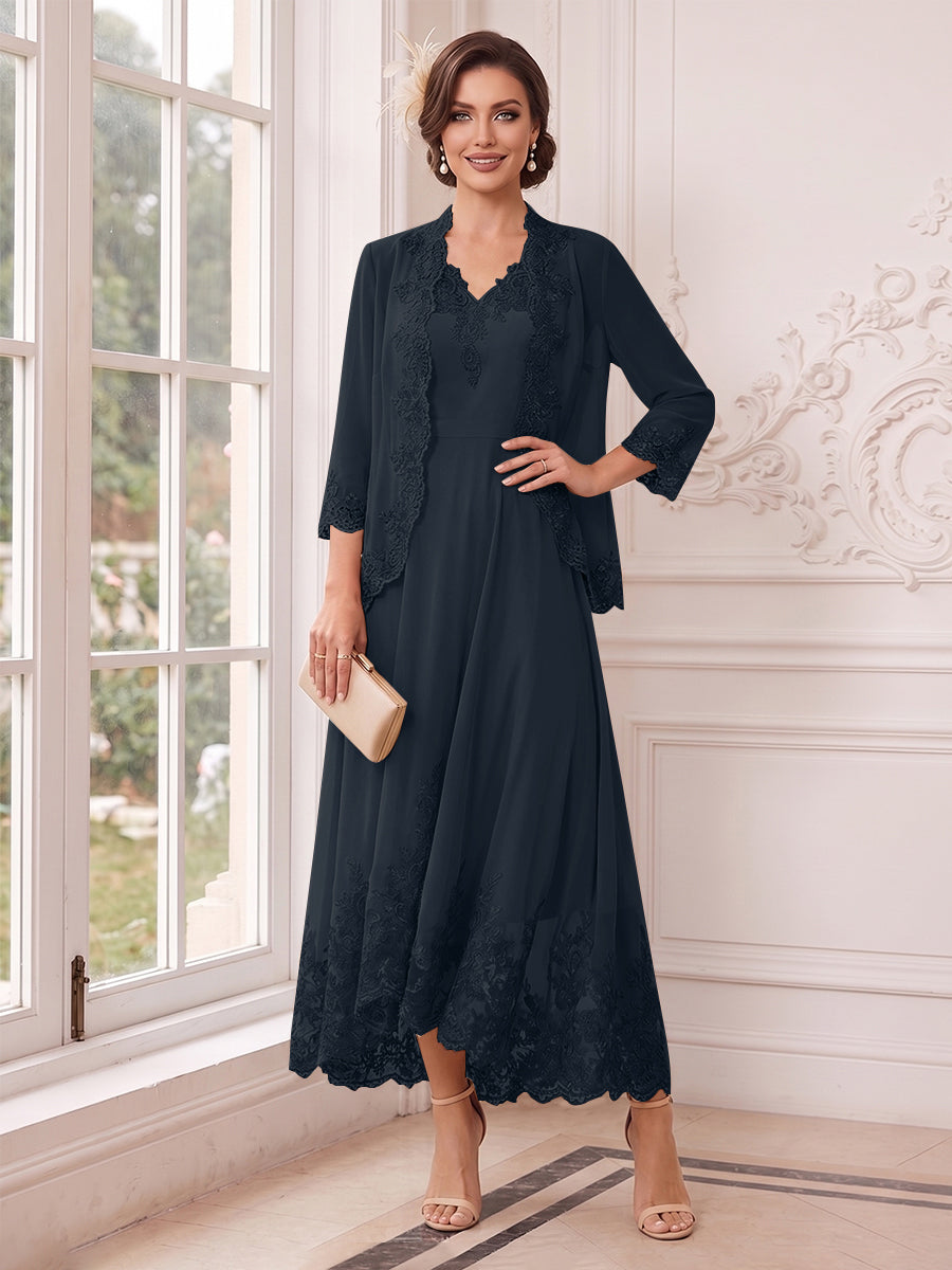 A-Line/Princess V-Neck 3/4 Sleeves Ankle-Length Mother of the Bride Dresses with Jacket &amp; Applique