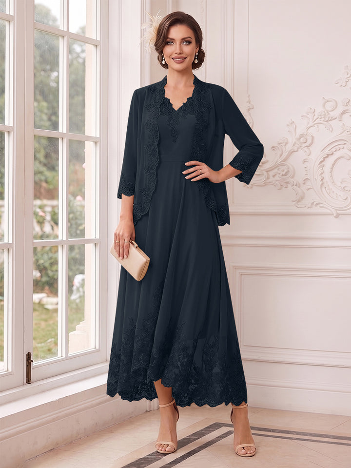 A-Line/Princess V-Neck 3/4 Sleeves Ankle-Length Mother of the Bride Dresses with Jacket &amp; Applique
