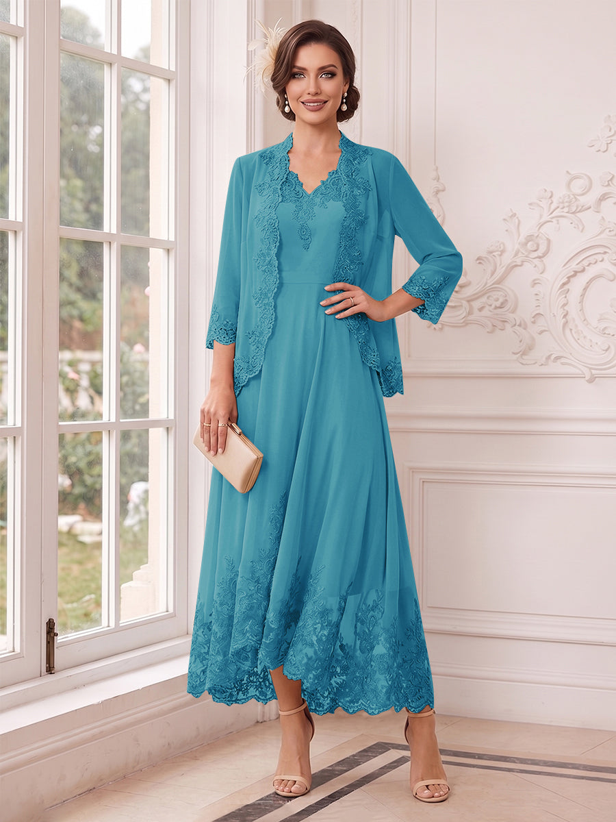 A-Line/Princess V-Neck 3/4 Sleeves Ankle-Length Mother of the Bride Dresses with Jacket &amp; Applique