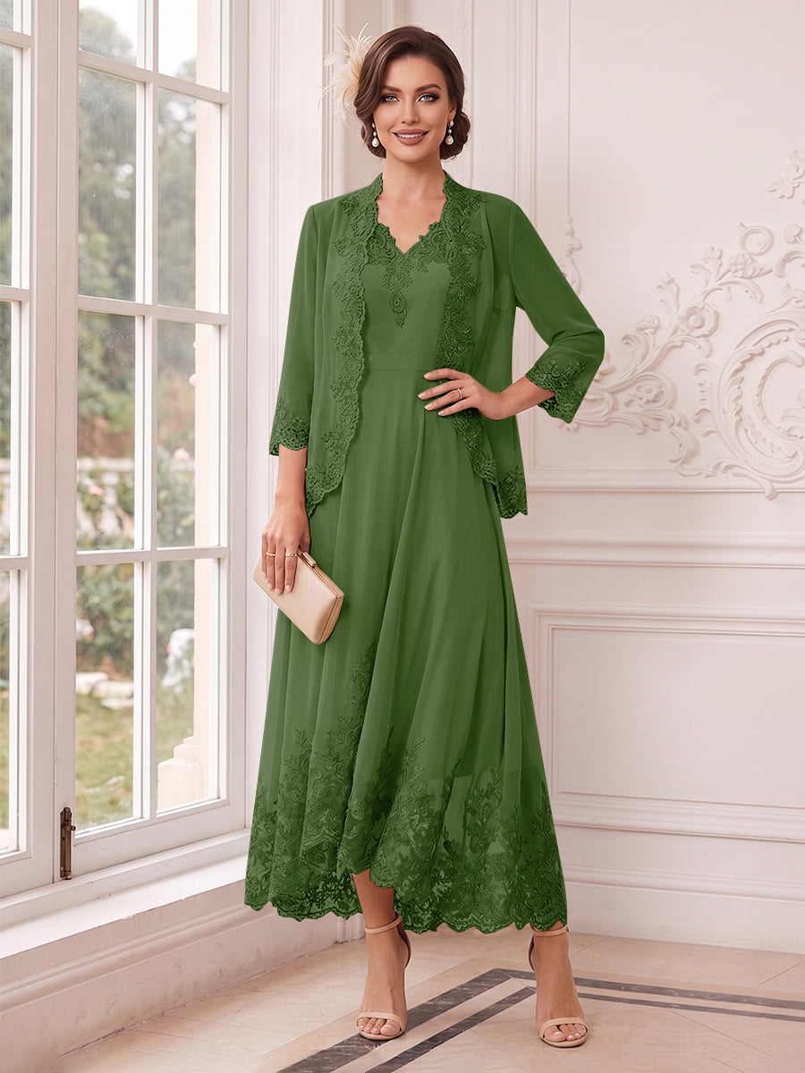 A-Line/Princess V-Neck 3/4 Sleeves Ankle-Length Mother of the Bride Dresses with Jacket &amp; Applique