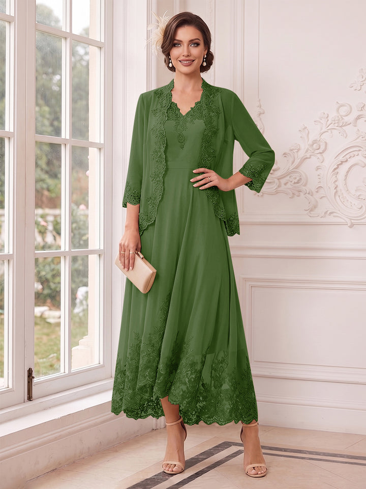 A-Line/Princess V-Neck 3/4 Sleeves Ankle-Length Mother of the Bride Dresses with Jacket &amp; Applique