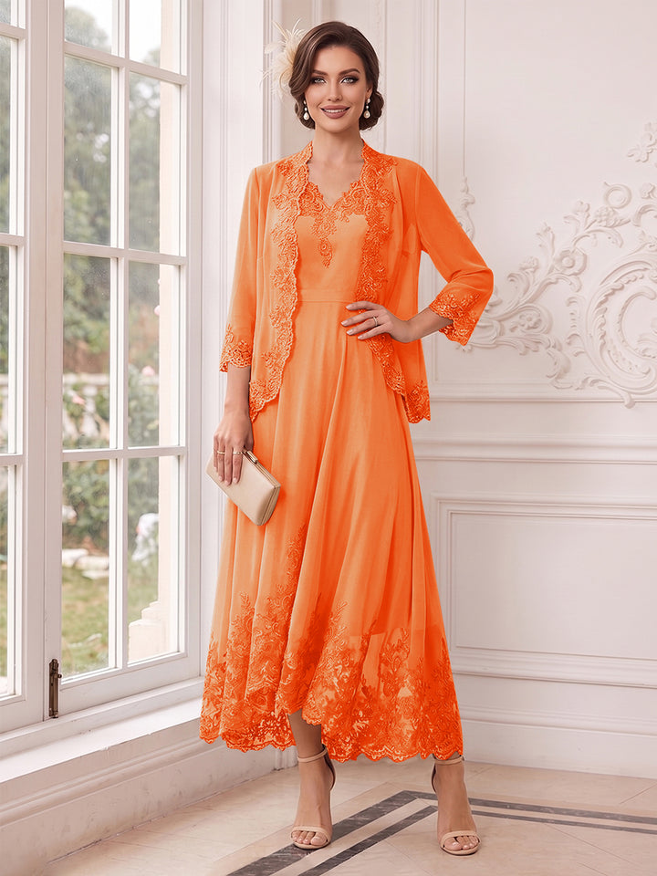 A-Line/Princess V-Neck 3/4 Sleeves Ankle-Length Mother of the Bride Dresses with Jacket &amp; Applique