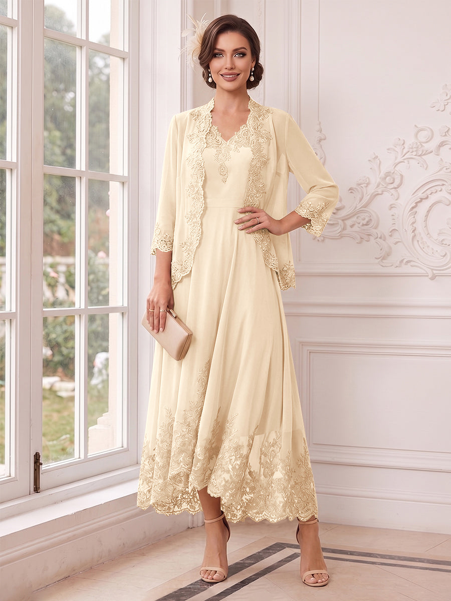 A-Line/Princess V-Neck 3/4 Sleeves Ankle-Length Mother of the Bride Dresses with Jacket &amp; Applique
