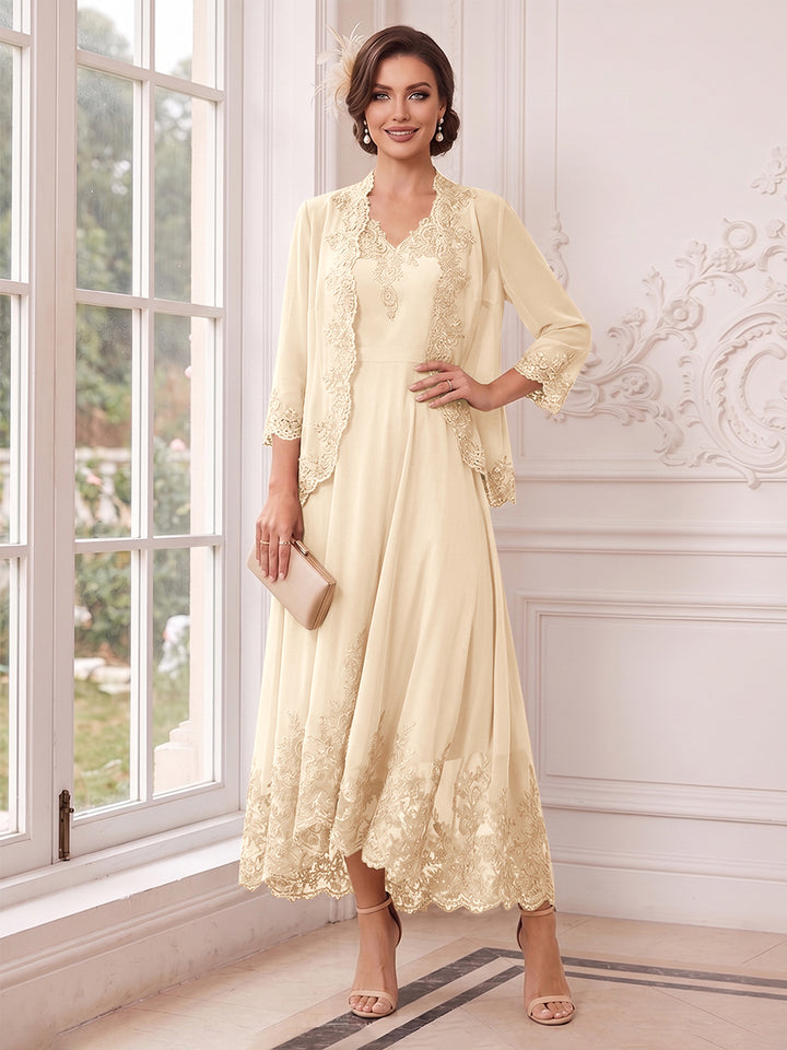 A-Line/Princess V-Neck 3/4 Sleeves Ankle-Length Mother of the Bride Dresses with Jacket &amp; Applique