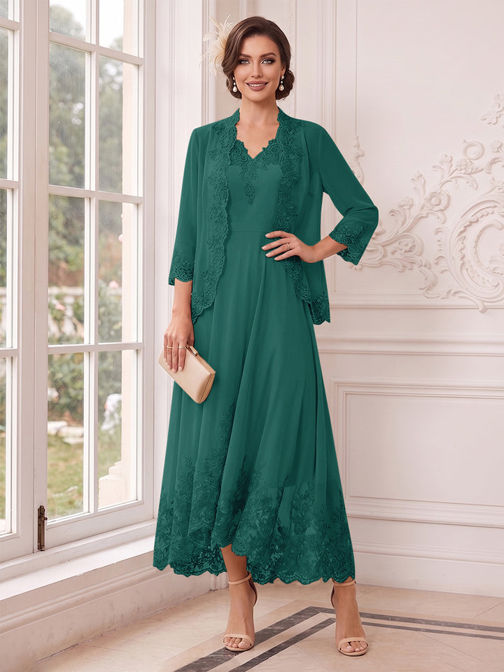 A-Line/Princess V-Neck 3/4 Sleeves Ankle-Length Mother of the Bride Dresses with Jacket &amp; Applique