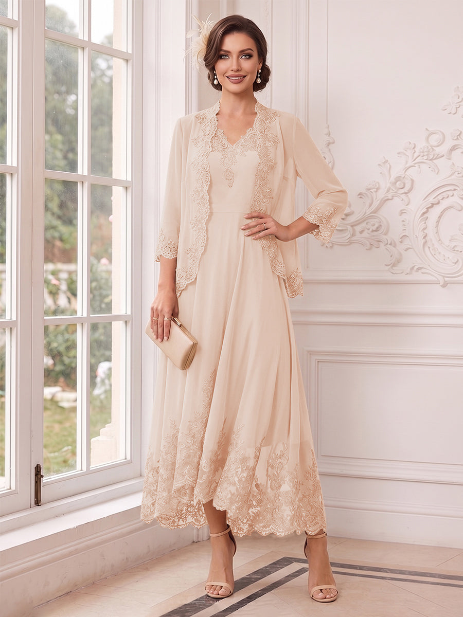 A-Line/Princess V-Neck 3/4 Sleeves Ankle-Length Mother of the Bride Dresses with Jacket &amp; Applique
