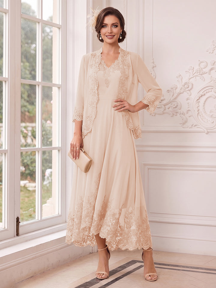 A-Line/Princess V-Neck 3/4 Sleeves Ankle-Length Mother of the Bride Dresses with Jacket &amp; Applique