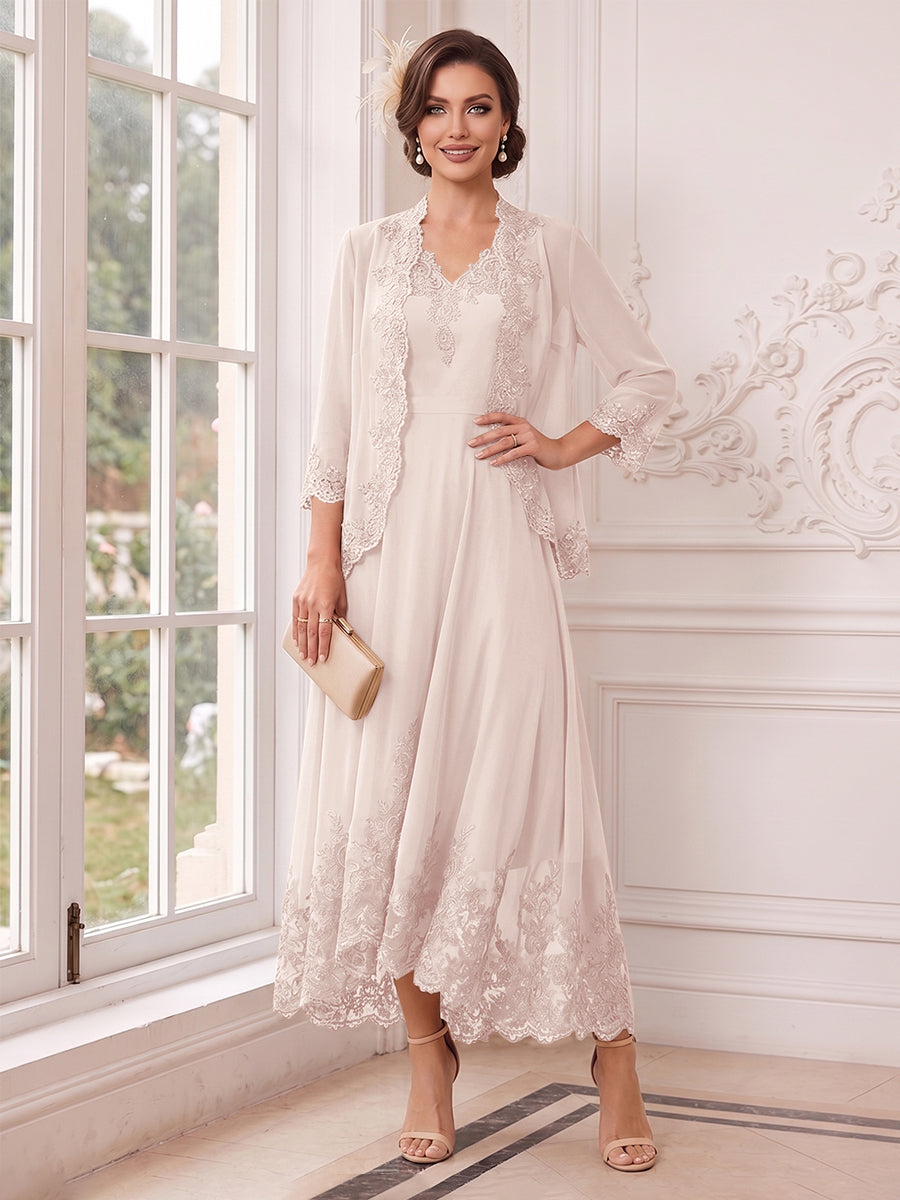 A-Line/Princess V-Neck 3/4 Sleeves Ankle-Length Mother of the Bride Dresses with Jacket &amp; Applique