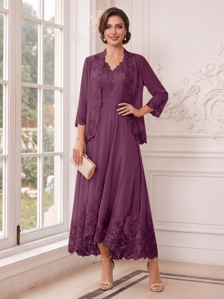 A-Line/Princess V-Neck 3/4 Sleeves Ankle-Length Mother of the Bride Dresses with Jacket &amp; Applique