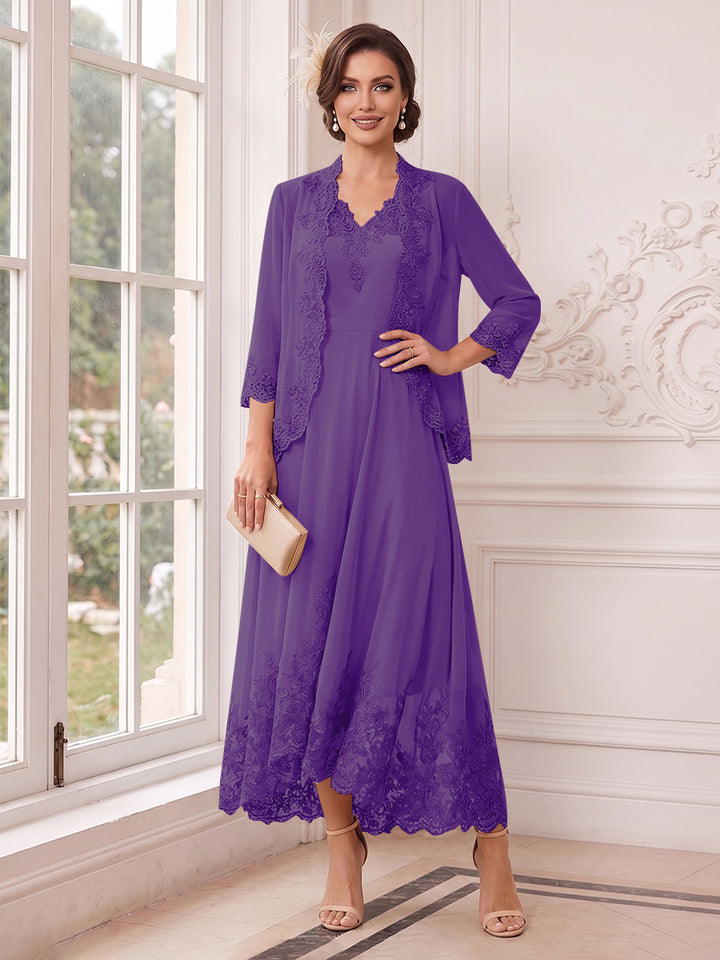 A-Line/Princess V-Neck 3/4 Sleeves Ankle-Length Mother of the Bride Dresses with Jacket &amp; Applique
