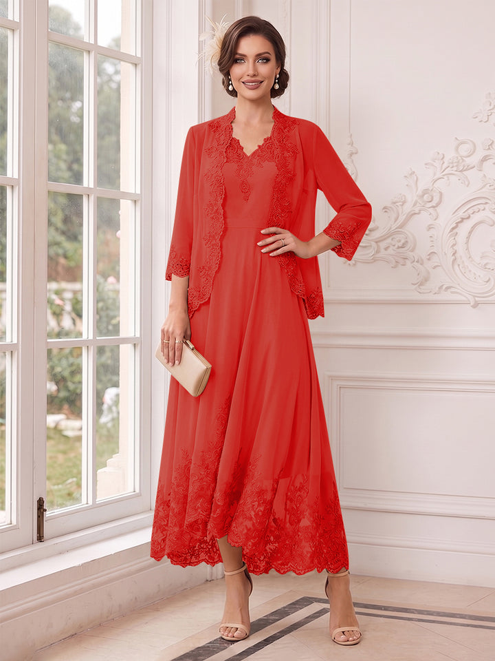 A-Line/Princess V-Neck 3/4 Sleeves Ankle-Length Mother of the Bride Dresses with Jacket &amp; Applique