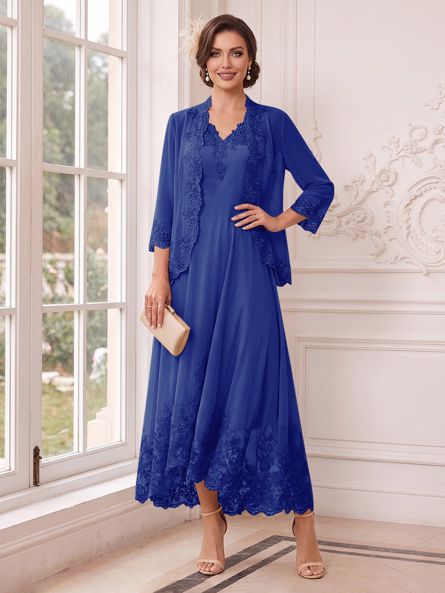 A-Line/Princess V-Neck 3/4 Sleeves Ankle-Length Mother of the Bride Dresses with Jacket &amp; Applique