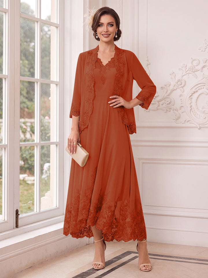 A-Line/Princess V-Neck 3/4 Sleeves Ankle-Length Mother of the Bride Dresses with Jacket &amp; Applique
