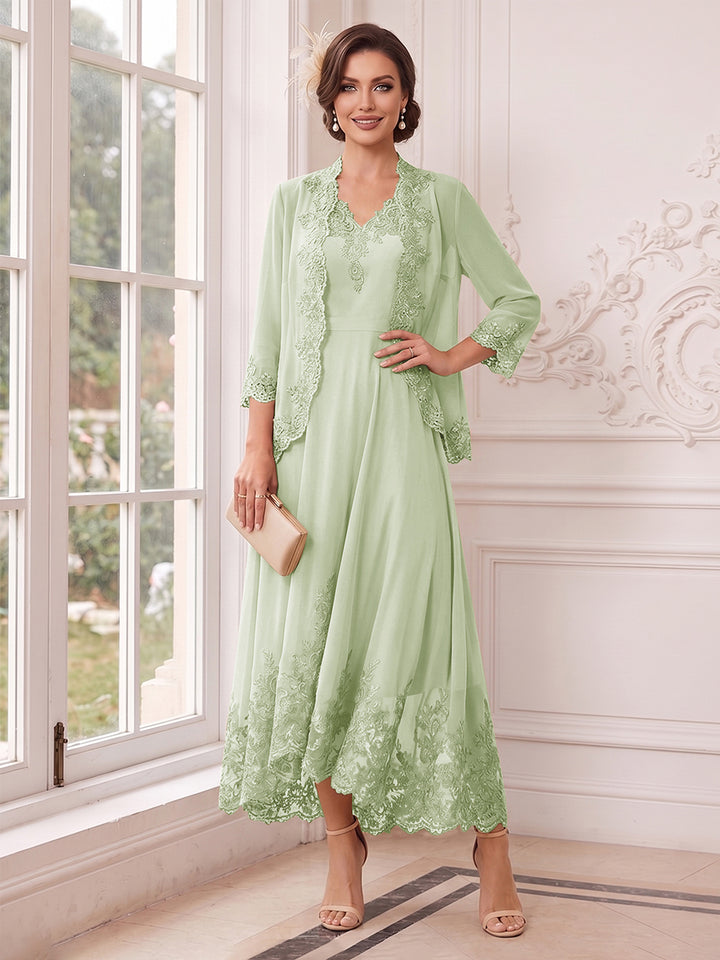 A-Line/Princess V-Neck 3/4 Sleeves Ankle-Length Mother of the Bride Dresses with Jacket &amp; Applique