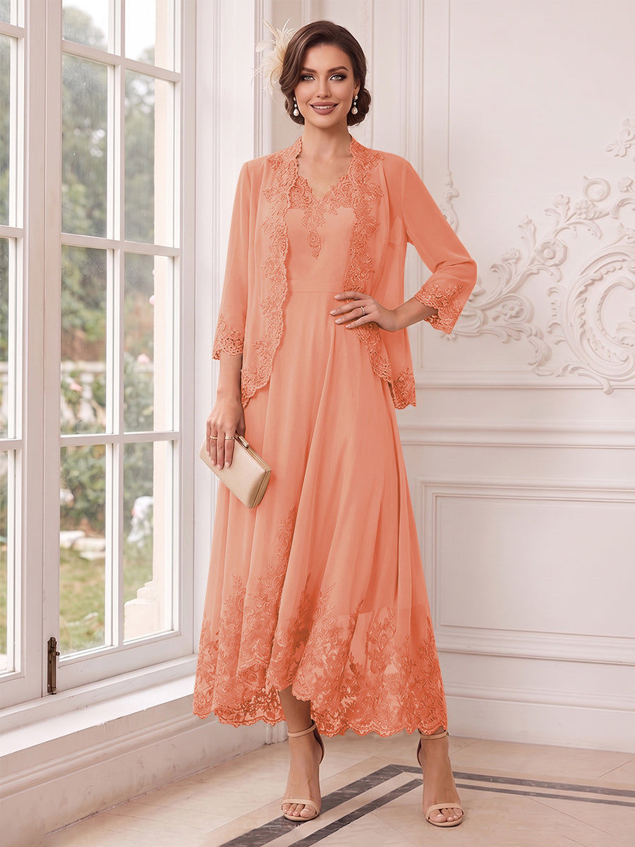A-Line/Princess V-Neck 3/4 Sleeves Ankle-Length Mother of the Bride Dresses with Jacket &amp; Applique