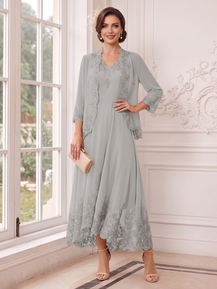 A-Line/Princess V-Neck 3/4 Sleeves Ankle-Length Mother of the Bride Dresses with Jacket &amp; Applique