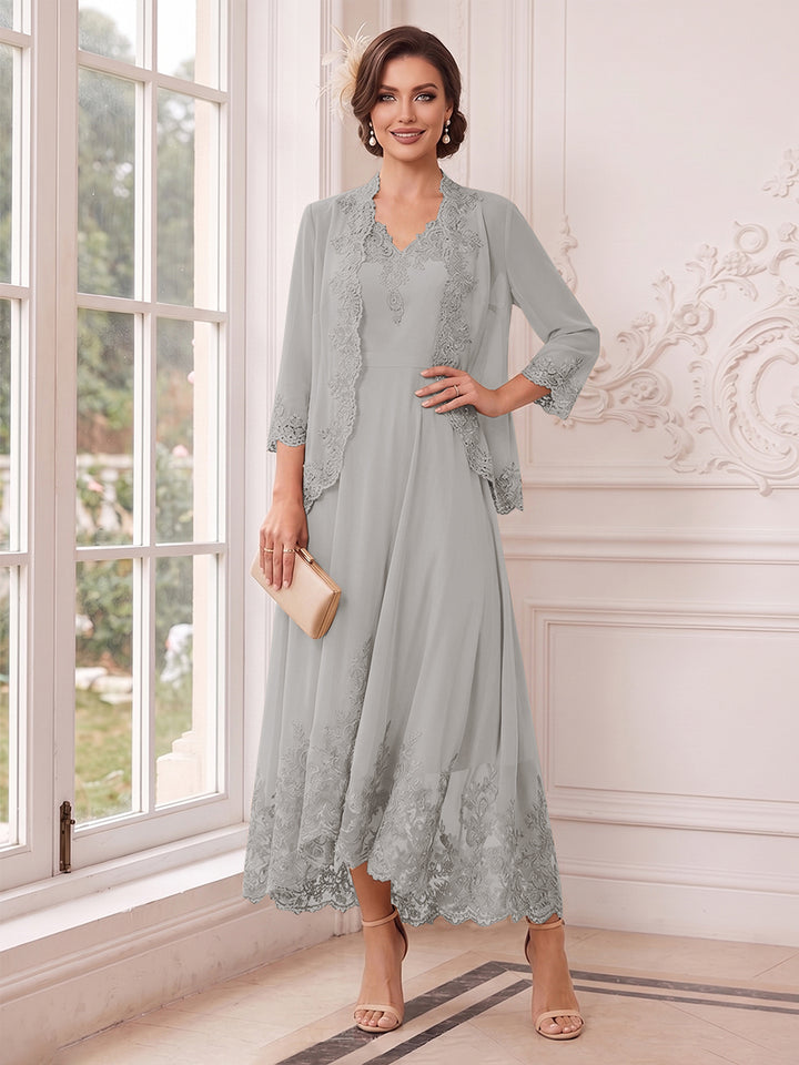 A-Line/Princess V-Neck 3/4 Sleeves Ankle-Length Mother of the Bride Dresses with Jacket &amp; Applique