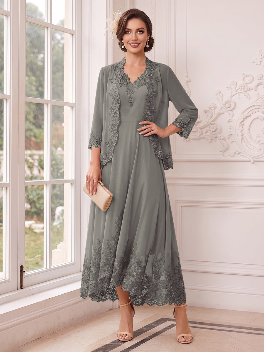 A-Line/Princess V-Neck 3/4 Sleeves Ankle-Length Mother of the Bride Dresses with Jacket &amp; Applique