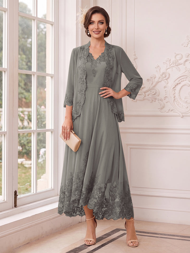 A-Line/Princess V-Neck 3/4 Sleeves Ankle-Length Mother of the Bride Dresses with Jacket &amp; Applique