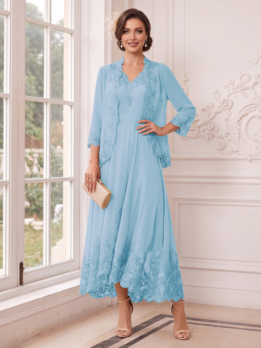 A-Line/Princess V-Neck 3/4 Sleeves Ankle-Length Mother of the Bride Dresses with Jacket &amp; Applique
