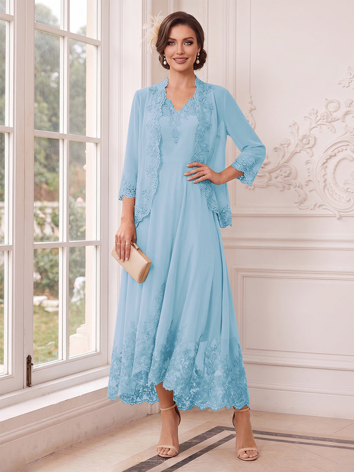 A-Line/Princess V-Neck 3/4 Sleeves Ankle-Length Mother of the Bride Dresses with Jacket &amp; Applique