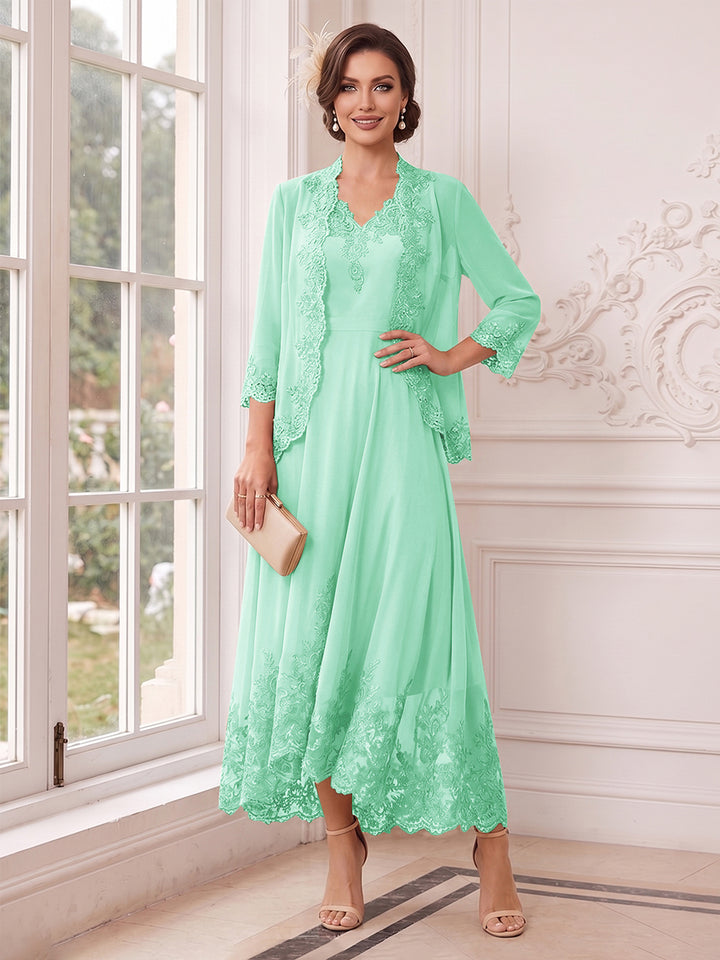A-Line/Princess V-Neck 3/4 Sleeves Ankle-Length Mother of the Bride Dresses with Jacket &amp; Applique
