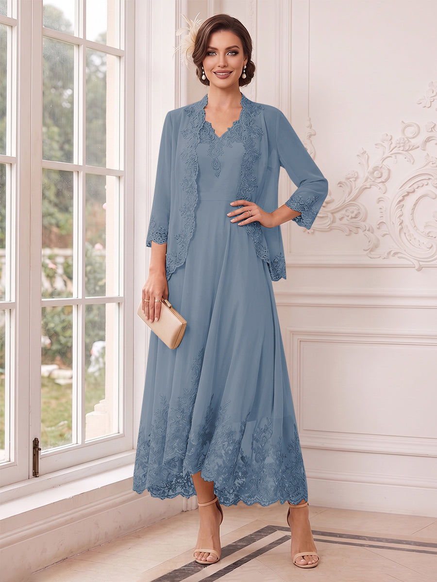 A-Line/Princess V-Neck 3/4 Sleeves Ankle-Length Mother of the Bride Dresses with Jacket &amp; Applique
