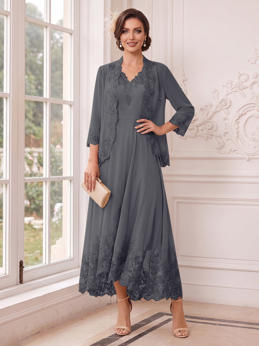 A-Line/Princess V-Neck 3/4 Sleeves Ankle-Length Mother of the Bride Dresses with Jacket &amp; Applique