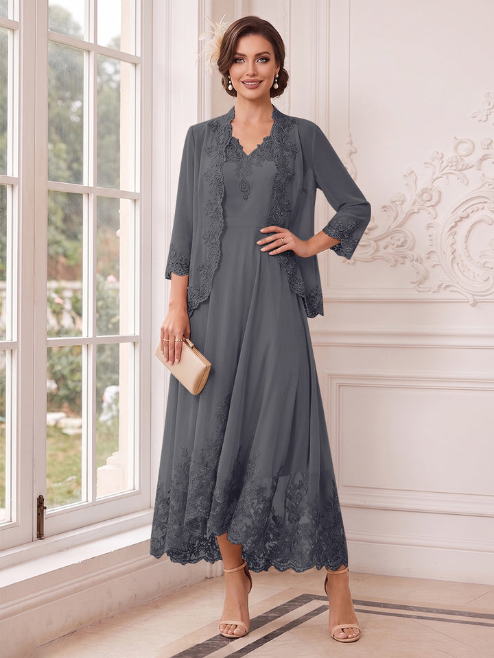 A-Line/Princess V-Neck 3/4 Sleeves Ankle-Length Mother of the Bride Dresses with Jacket &amp; Applique