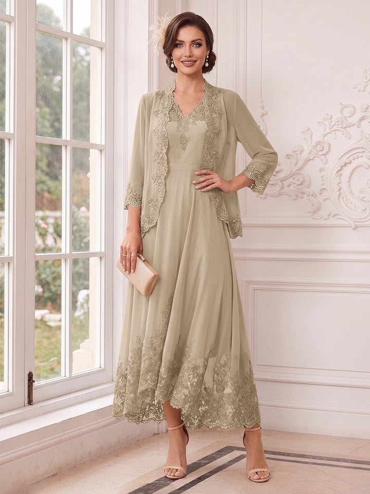A-Line/Princess V-Neck 3/4 Sleeves Ankle-Length Mother of the Bride Dresses with Jacket &amp; Applique